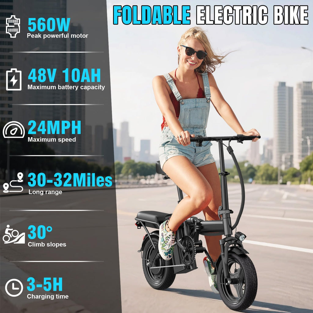 Electric Bike for Adults and Teens, 520W-560W Motor, 20-24MPH, 32 Miles Range, 48V 10Ah Battery, 3-Level Pedal Assist, 14" Foldable Mini Electric Bicycle, UL 2849 Certified