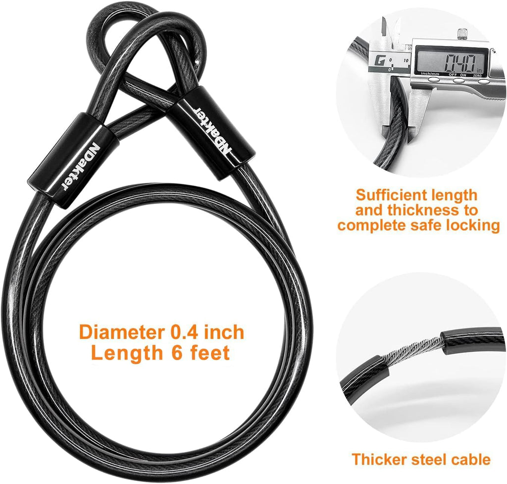 NDakter Bike Locks Heavy Duty Anti Theft, Bicycle U Lock for Ebike, 18mm Shackle, 6FT Steel Security Cable with 3 Keys for Electric Escooter, Motorcycle, Moped, Dirt-Bike, Tri-Bike Wheel Lock Sturdy
