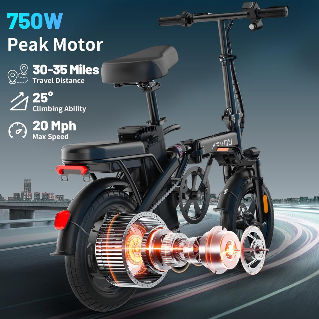 Folding Electric Bike for Adults with 750W Peak Motor, 14" Commuter Mini E-Bike with 35 Miles PAS Range, Foldable Electric Bicycle with 48V Removable Battery