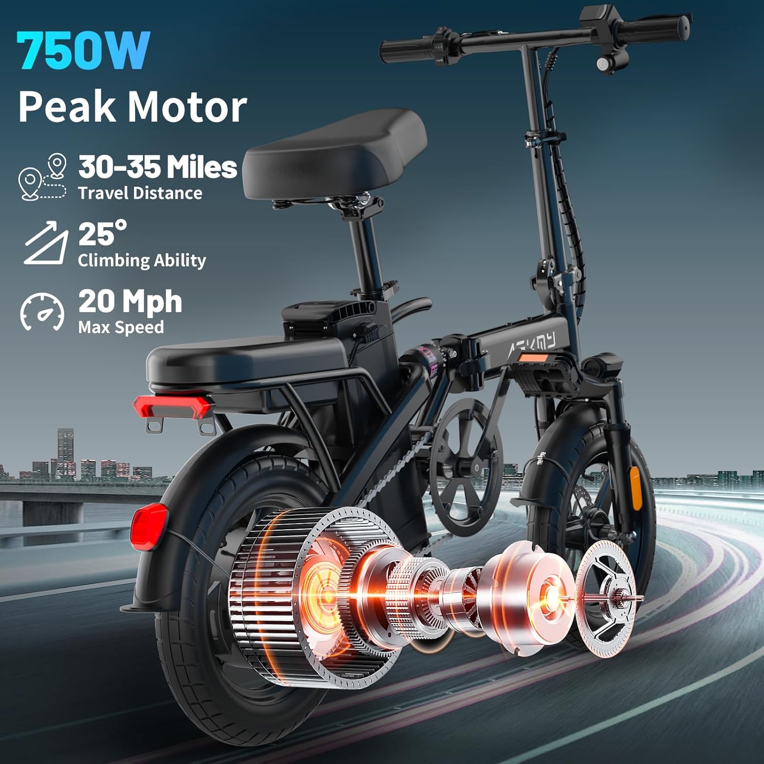 Folding Electric Bike for Adults with 750W Peak Motor, 14" Commuter Mini E-Bike with 35 Miles PAS Range, Foldable Electric Bicycle with 48V Removable Battery