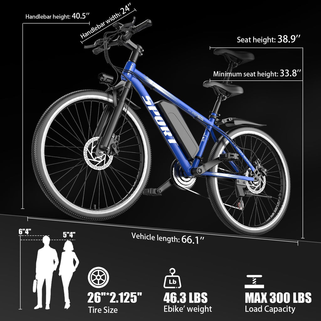 Electric Bike for Adults, 1500W Peak Mountain Ebike with 25 MPH, 65 Miles Range, 7 Speeds, 48V 10Ah Removable Battery 26" Ebike for Commute