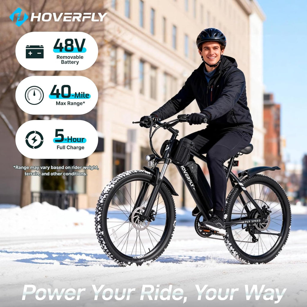 HOVERFLY OUREA 26" Electric Bike for Adults, 750W Peak Motor Mountain Ebike, 20MPH Up to 40 Miles, UL2849 Certified, 7-Speed, Removable Battery, Shock Absorber, Fat Tire Commuter E-Bike