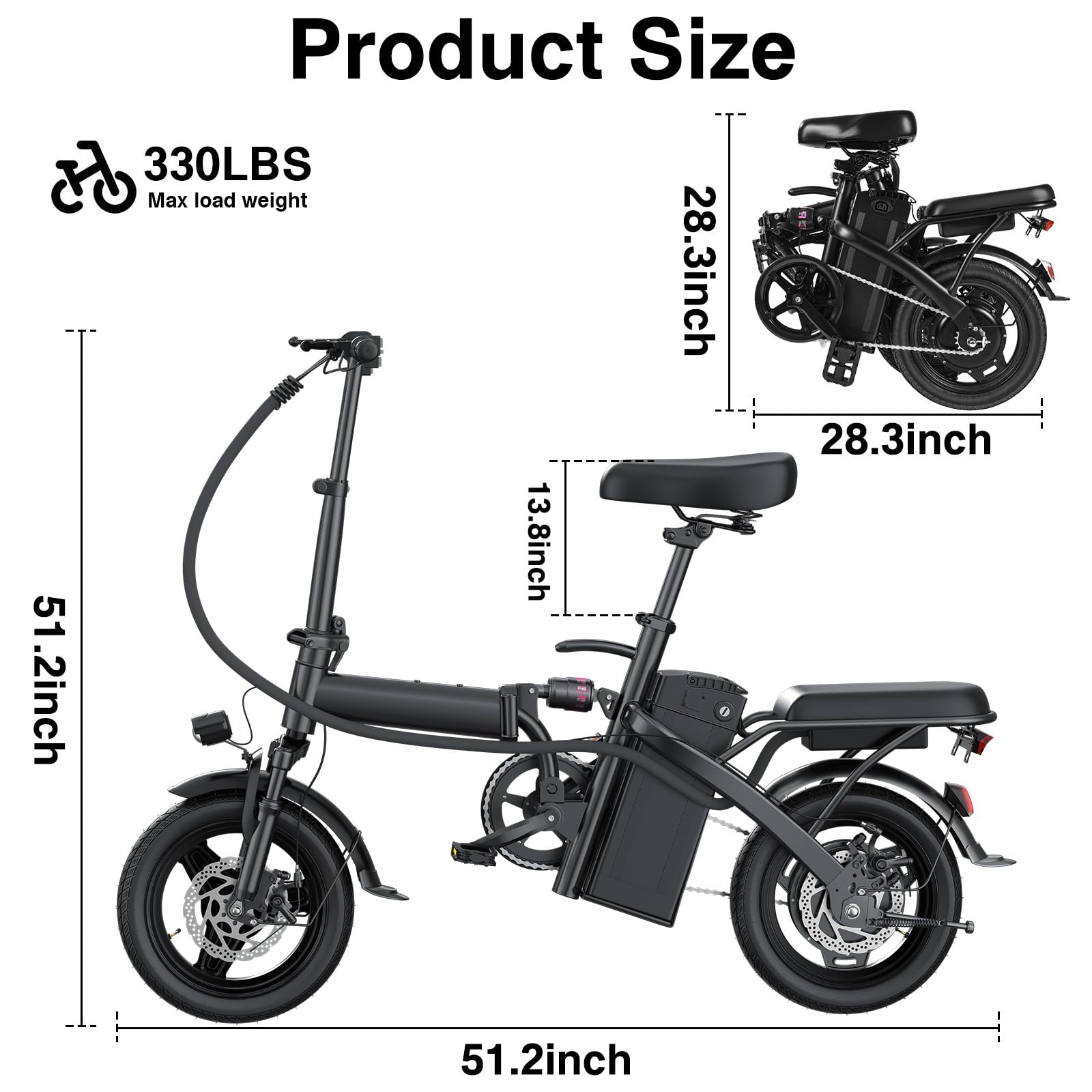 Electric Bike for Adults and Teens, 520W-560W Motor, 20-24MPH, 32 Miles Range, 48V 10Ah Battery, 3-Level Pedal Assist, 14" Foldable Mini Electric Bicycle, UL 2849 Certified