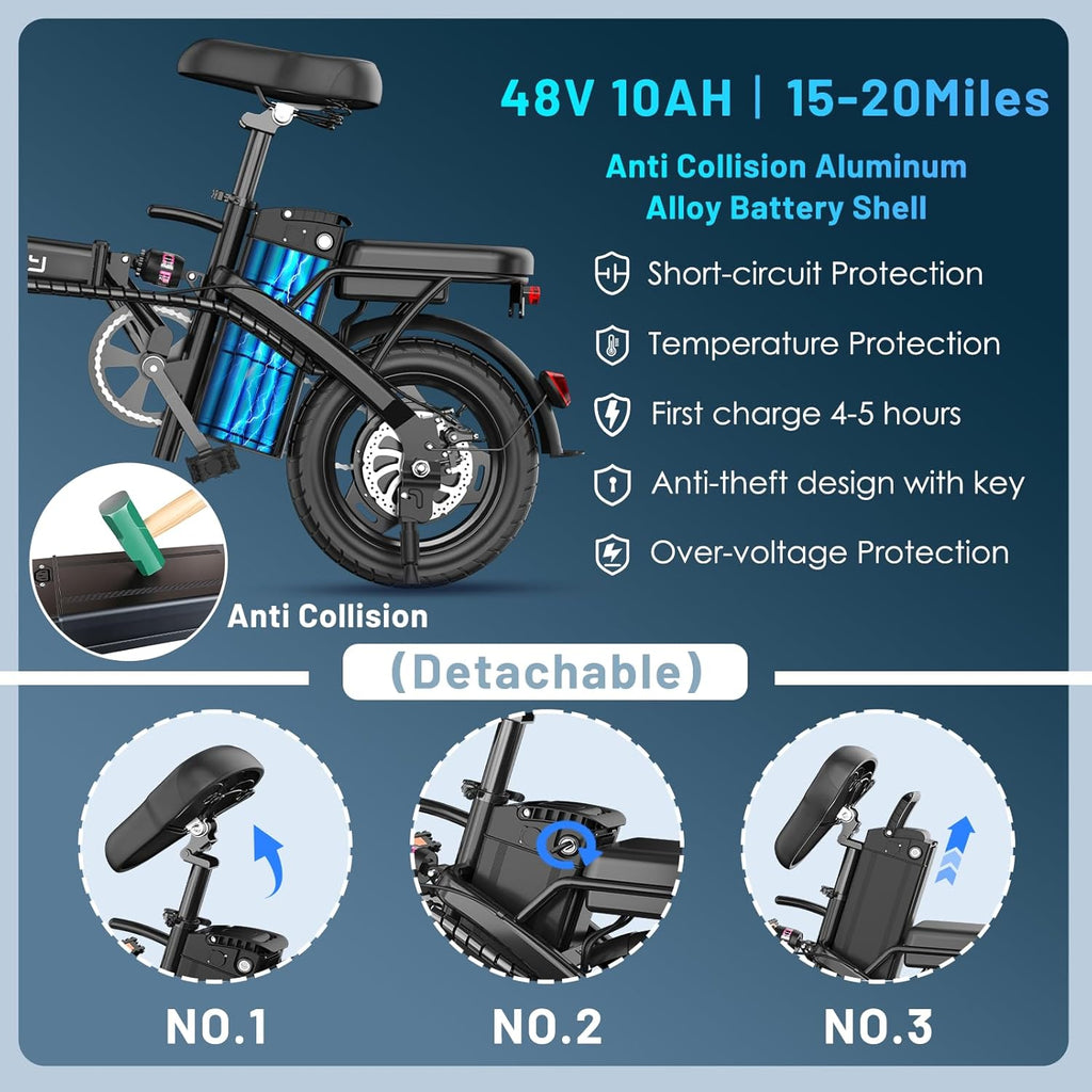 Folding Electric Bike for Adults with 750W Peak Motor, 14" Commuter Mini E-Bike with 35 Miles PAS Range, Foldable Electric Bicycle with 48V Removable Battery