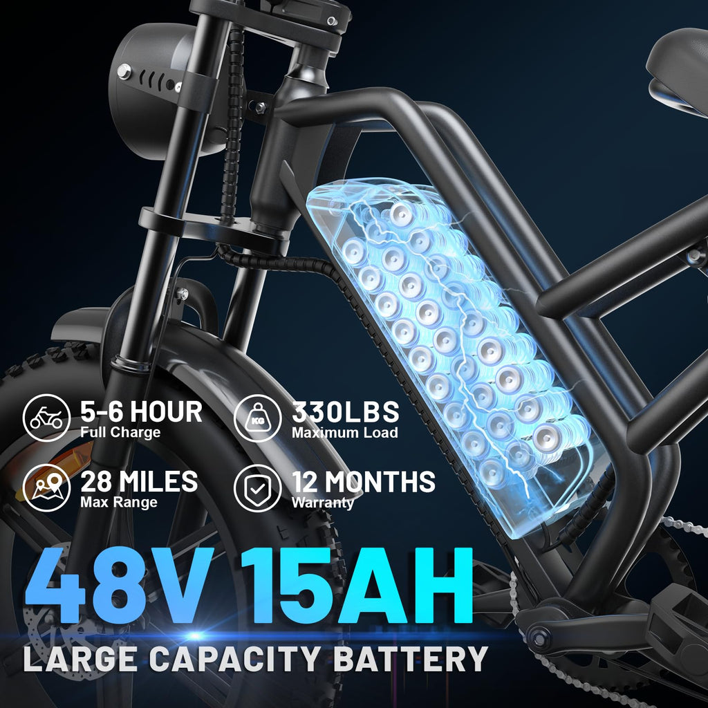 Electric Mountain Bike for Adults, 1500W Peak Motor Ebike, 28 MPH and 60 Miles PAS Range, 20 Inch Fat Tire Dirt E Bike for All-Terrain, 7 Speed, Electric Bicycles with 48V 15Ah Removable Battery