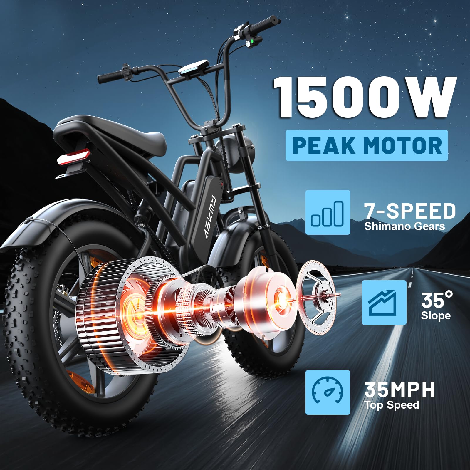 Electric Mountain Bike for Adults, 1500W Peak Motor Ebike, 28 MPH and 60 Miles PAS Range, 20 Inch Fat Tire Dirt E Bike for All-Terrain, 7 Speed, Electric Bicycles with 48V 15Ah Removable Battery