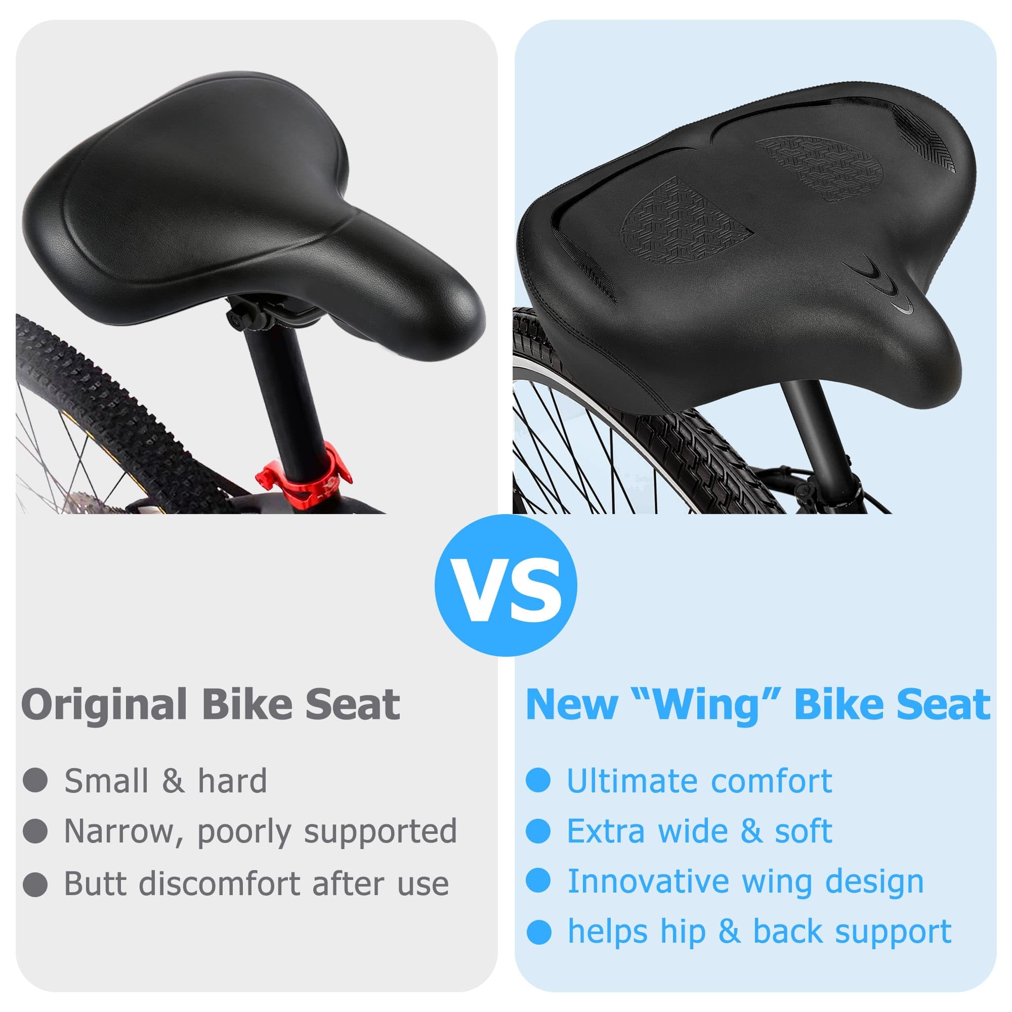Oversized Bike Seat for Men & Women Comfort, Extra Wide Bicycle Seat Cushion, Comfortable Wing Padded, Large Replacement Saddle for Peloton, Stationary Exercise Bike, Ebike, Cruiser, City Bike