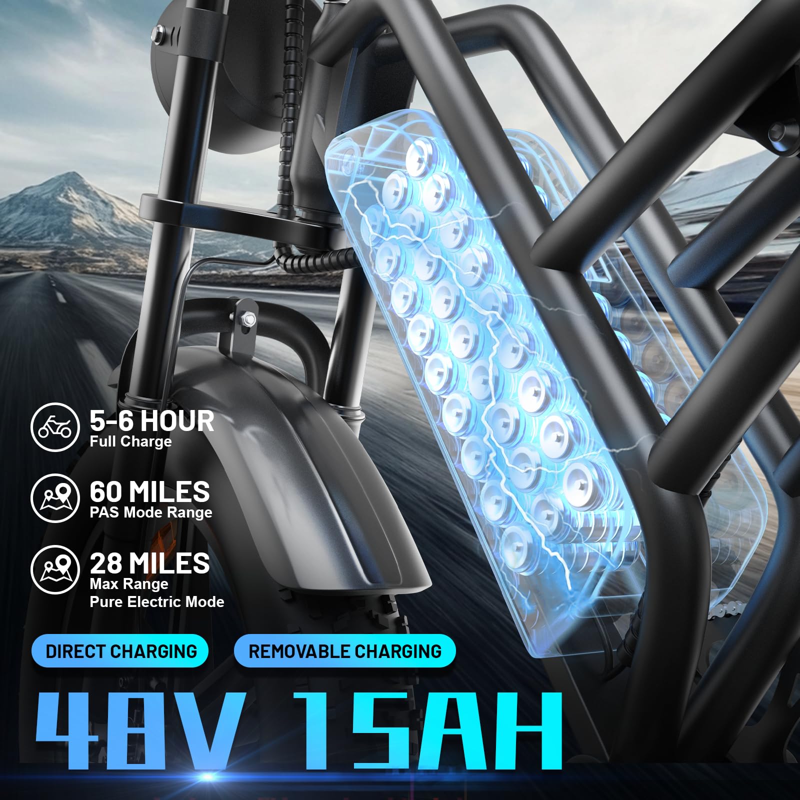 Electric Mountain Bike for Adults, 1500W Peak Motor Ebike, 28 MPH and 60 Miles PAS Range, 20 Inch Fat Tire Dirt E Bike for All-Terrain, 7 Speed, Electric Bicycles with 48V 15Ah Removable Battery