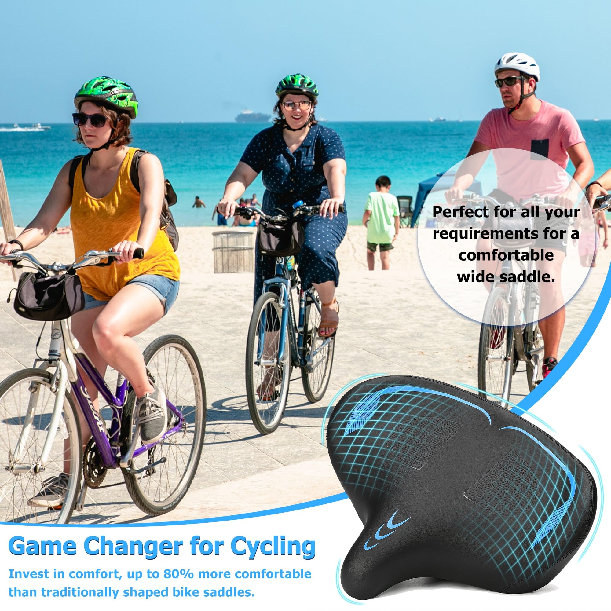 Oversized Bike Seat for Men & Women Comfort, Extra Wide Bicycle Seat Cushion, Comfortable Wing Padded, Large Replacement Saddle for Peloton, Stationary Exercise Bike, Ebike, Cruiser, City Bike