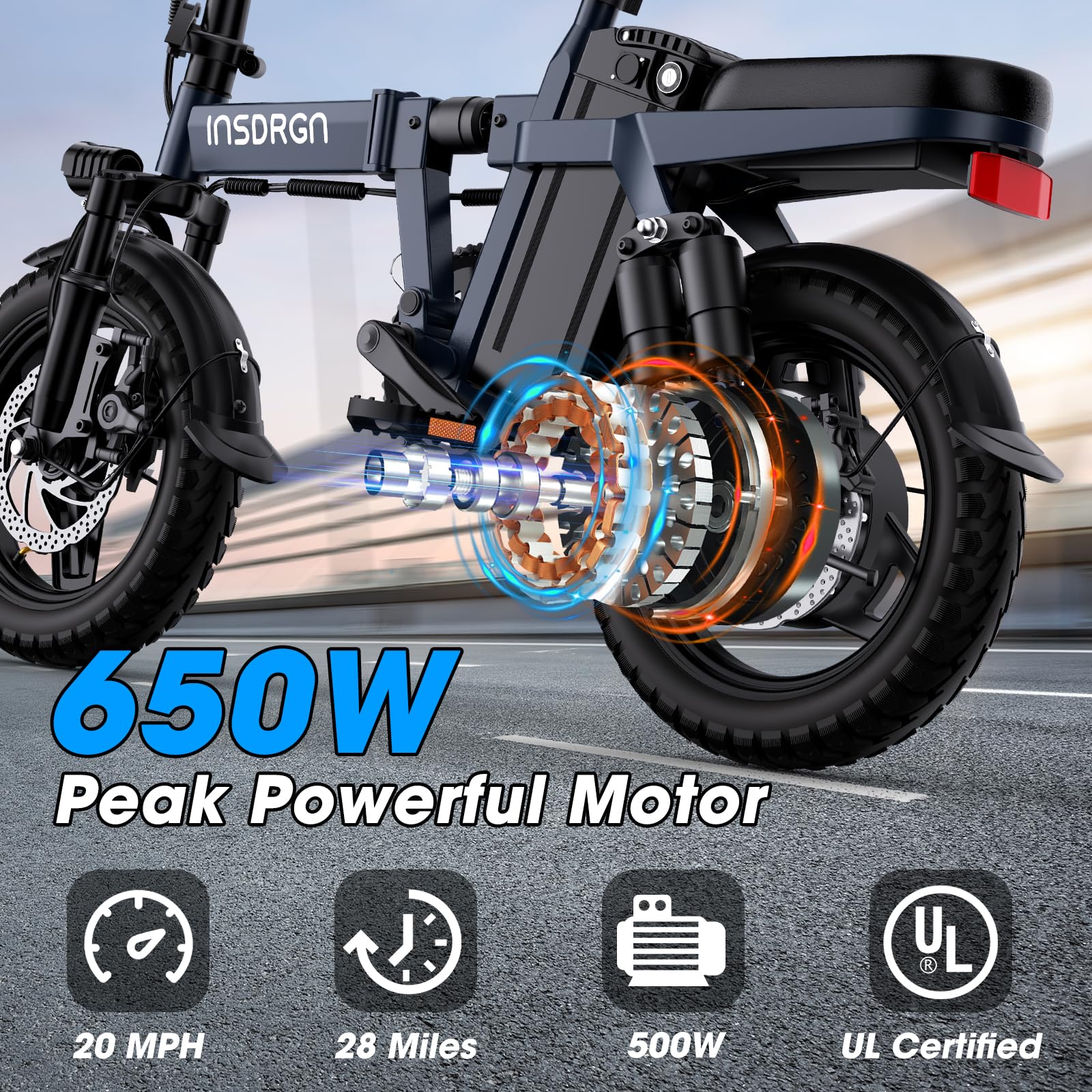 Electric Bike for Adults and Teens,14" Folding Adult E Bike with 650W Peak Motor,20MPH,28Miles Range,Advanced 9-Point Suspension & Dual Disc Brake,Removable Battery,UL 2849 Certified