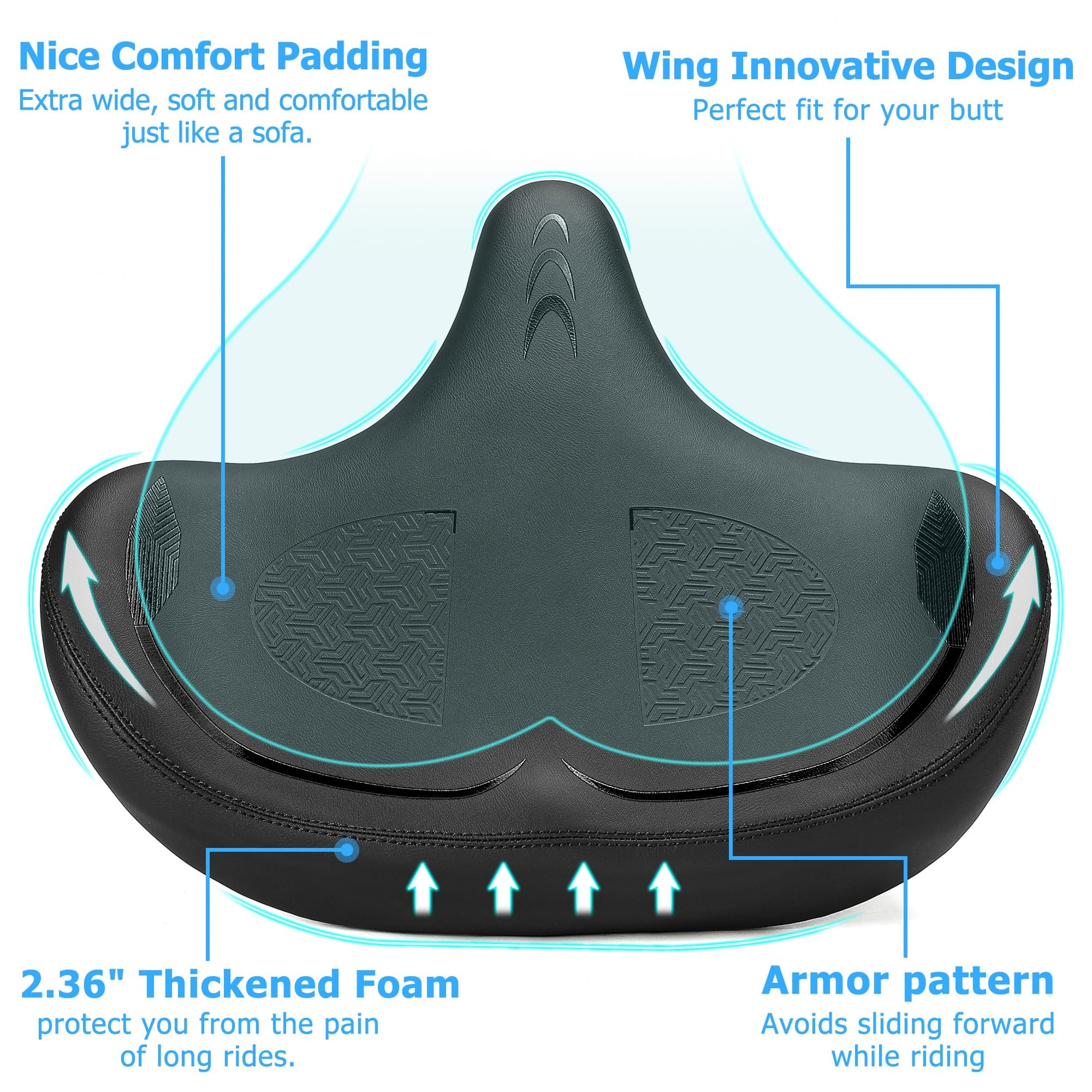 Oversized Bike Seat for Men & Women Comfort, Extra Wide Bicycle Seat Cushion, Comfortable Wing Padded, Large Replacement Saddle for Peloton, Stationary Exercise Bike, Ebike, Cruiser, City Bike
