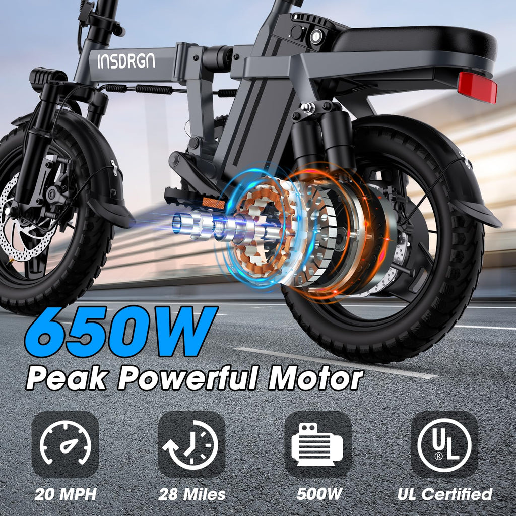 Electric Bike for Adults and Teens,14" Folding Adult E Bike with 650W Peak Motor,20MPH,28Miles Range,Advanced 9-Point Suspension & Dual Disc Brake,Removable Battery,UL 2849 Certified