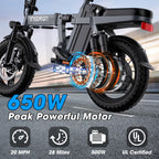 Electric Bike for Adults and Teens,14" Folding Adult E Bike with 650W Peak Motor,20MPH,28Miles Range,Advanced 9-Point Suspension & Dual Disc Brake,Removable Battery,UL 2849 Certified