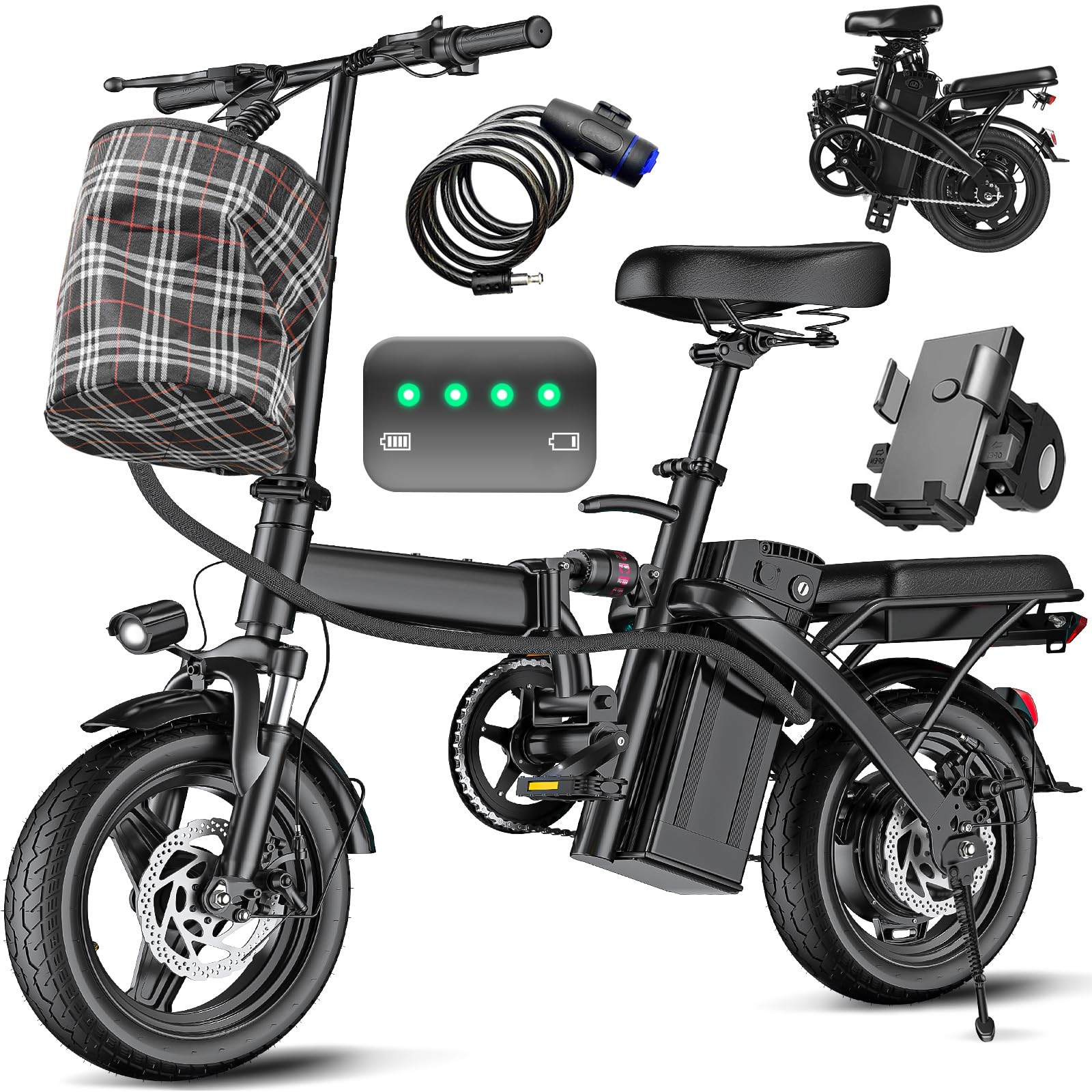 Electric Bike for Adults and Teens, 520W-560W Motor, 20-24MPH, 32 Miles Range, 48V 10Ah Battery, 3-Level Pedal Assist, 14" Foldable Mini Electric Bicycle, UL 2849 Certified