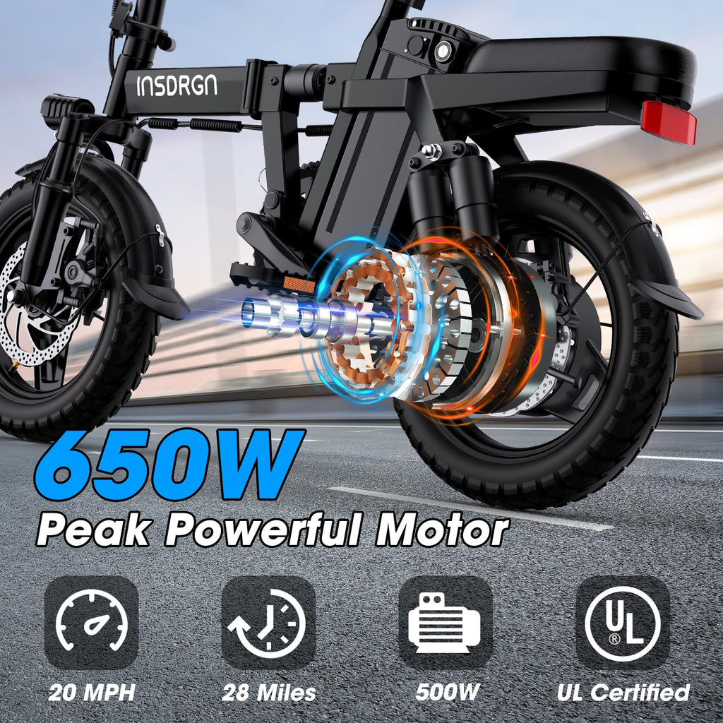 Electric Bike for Adults and Teens,14" Folding Adult E Bike with 650W Peak Motor,20MPH,28Miles Range,Advanced 9-Point Suspension & Dual Disc Brake,Removable Battery,UL 2849 Certified