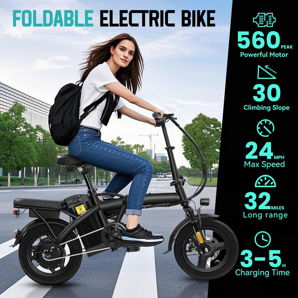 Electric Bike for Adults and Teens, 520W-560W Motor, 20-24MPH, 32 Miles Range, 48V 10Ah Battery, 3-Level Pedal Assist, 14" Foldable Mini Electric Bicycle, UL 2849 Certified