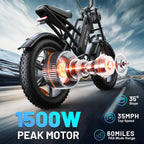 Electric Mountain Bike for Adults, 1500W Peak Motor Ebike, 28 MPH and 60 Miles PAS Range, 20 Inch Fat Tire Dirt E Bike for All-Terrain, 7 Speed, Electric Bicycles with 48V 15Ah Removable Battery