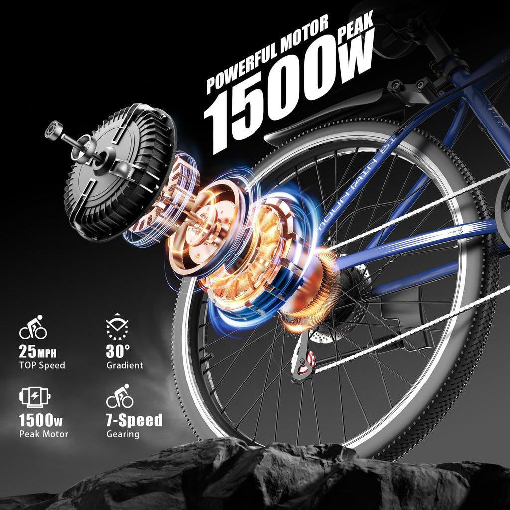 Electric Bike for Adults, 1500W Peak Mountain Ebike with 25 MPH, 65 Miles Range, 7 Speeds, 48V 10Ah Removable Battery 26" Ebike for Commute